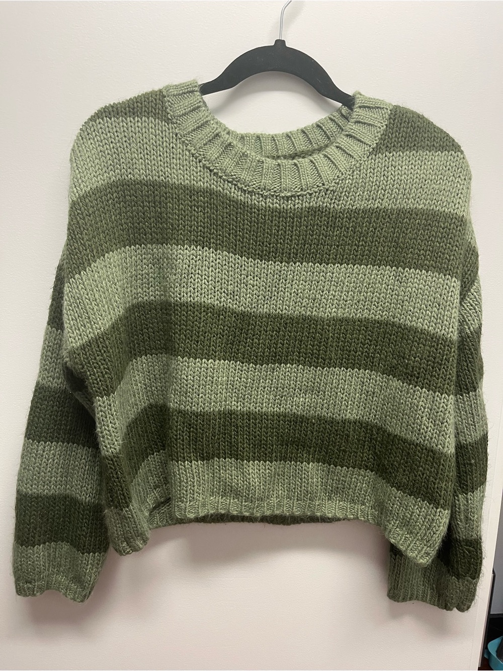 Cropped Olive Striped Knit Sweater